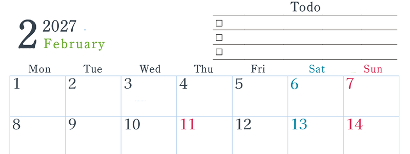 2027年2月カレンダーは横型月曜始まりで使い方はシンプルなToDoリストつき♪無料ダウンロード・A4印刷 【No.202701440201】