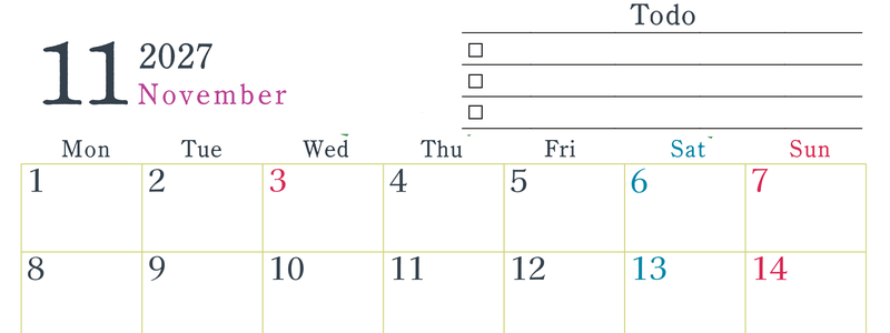 2027年11月カレンダーは横型月曜始まりで使い方はシンプルなToDoリストつき♪無料ダウンロード・A4印刷 【No.202701441101】