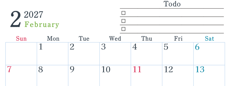 2027年2月カレンダーは横型日曜始まりで使い方はシンプルなToDoリストつき♪無料ダウンロード・A4印刷 【No.202701440200】