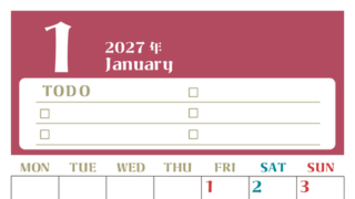 1月カレンダー2027年(無料)は縦型月曜始まり♪ToDoリストで勉強や自己啓発の継続を／A4サイズ 【No.202701450111】