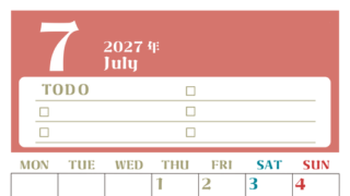7月カレンダー2027年(無料)は縦型月曜始まり♪ToDoリストで勉強や自己啓発の継続を／A4サイズ 【No.202701450711】