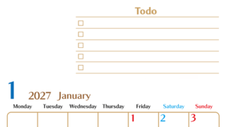 カレンダー2027年1月は縦型月曜始まりでToDoリストもあるのでスケジュール計画がしやすい：無料 【No.202701460111】
