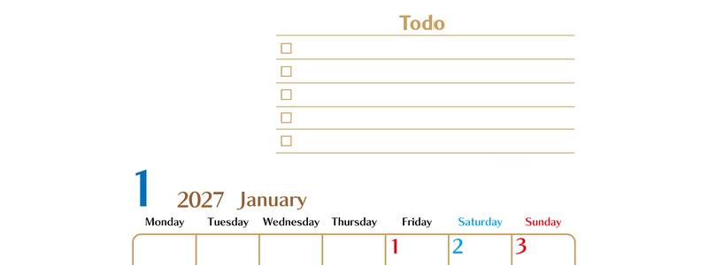 カレンダー2027年1月は縦型月曜始まりでToDoリストもあるのでスケジュール計画がしやすい：無料 【No.202701460111】
