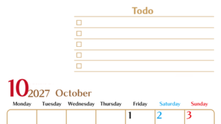 カレンダー2027年10月は縦型月曜始まりでToDoリストもあるのでスケジュール計画がしやすい：無料 【No.202701461011】