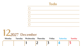 カレンダー2027年12月は縦型月曜始まりでToDoリストもあるのでスケジュール計画がしやすい：無料 【No.202701461211】