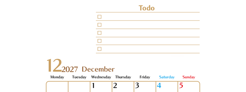 カレンダー2027年12月は縦型月曜始まりでToDoリストもあるのでスケジュール計画がしやすい：無料 【No.202701461211】