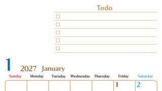 カレンダー2027年1月は縦型日曜始まりでToDoリストもあるのでスケジュール計画がしやすい：無料 【No.202701460110】