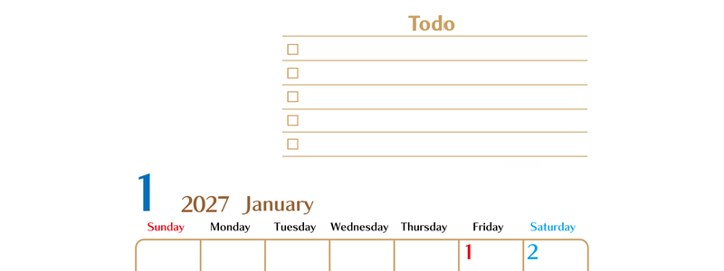 カレンダー2027年1月は縦型日曜始まりでToDoリストもあるのでスケジュール計画がしやすい：無料 【No.202701460110】