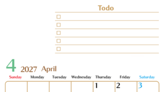カレンダー2027年4月は縦型日曜始まりでToDoリストもあるのでスケジュール計画がしやすい：無料 【No.202701460410】