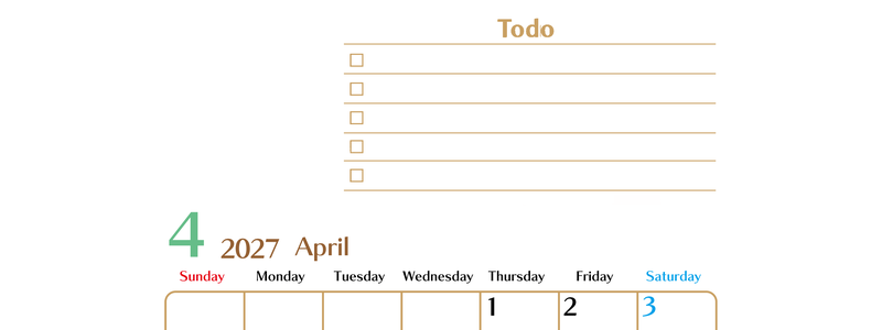 カレンダー2027年4月は縦型日曜始まりでToDoリストもあるのでスケジュール計画がしやすい：無料 【No.202701460410】