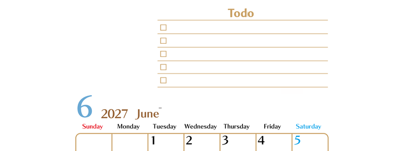 カレンダー2027年6月は縦型日曜始まりでToDoリストもあるのでスケジュール計画がしやすい：無料 【No.202701460610】