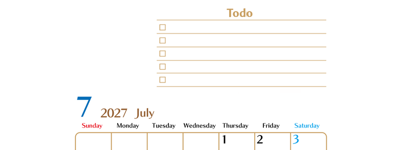 カレンダー2027年7月は縦型日曜始まりでToDoリストもあるのでスケジュール計画がしやすい：無料 【No.202701460710】