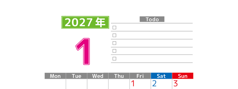 2027年1月カレンダー(印刷用)は縦型月曜始まりで使いやすい！ToDoリストに色々書き込んでモチベ維持：無料 【No.202701480111】