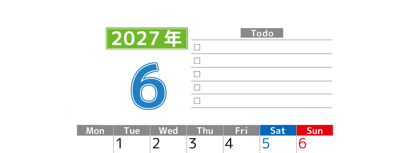 2027年6月カレンダー(印刷用)は縦型月曜始まりで使いやすい！ToDoリストに色々書き込んでモチベ維持：無料 【No.202701480611】