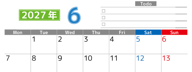 2027年6月カレンダー(印刷用)は横型月曜始まりで使いやすい！ToDoリストに色々書き込んでモチベ維持：無料 【No.202701480601】