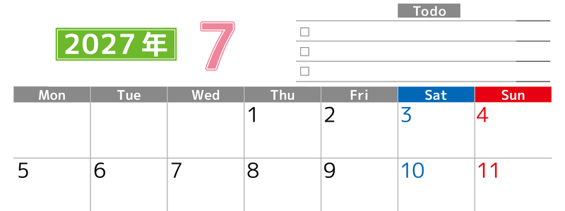 2027年7月カレンダー(印刷用)は横型月曜始まりで使いやすい！ToDoリストに色々書き込んでモチベ維持：無料 【No.202701480701】