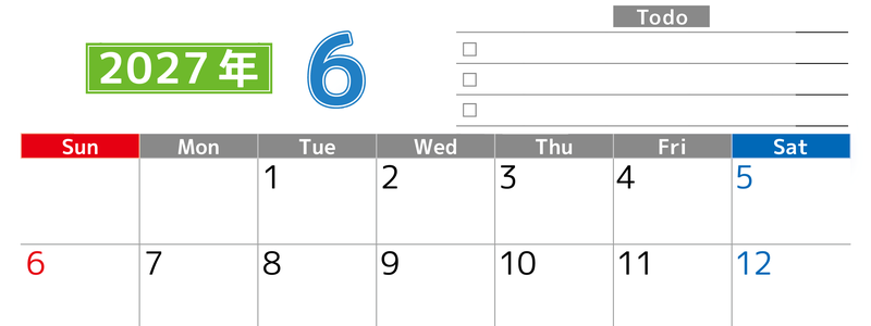 2027年6月カレンダー(印刷用)は横型日曜始まりで使いやすい！ToDoリストに色々書き込んでモチベ維持：無料 【No.202701480600】