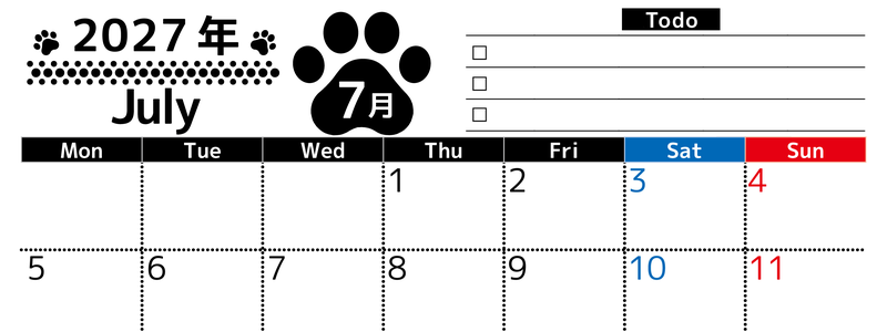 2027年7月カレンダー(印刷用)は横型月曜始まりのToDoリスト付無料素材♪資格や受験勉強の計画におすすめ♪ 【No.202701500701】