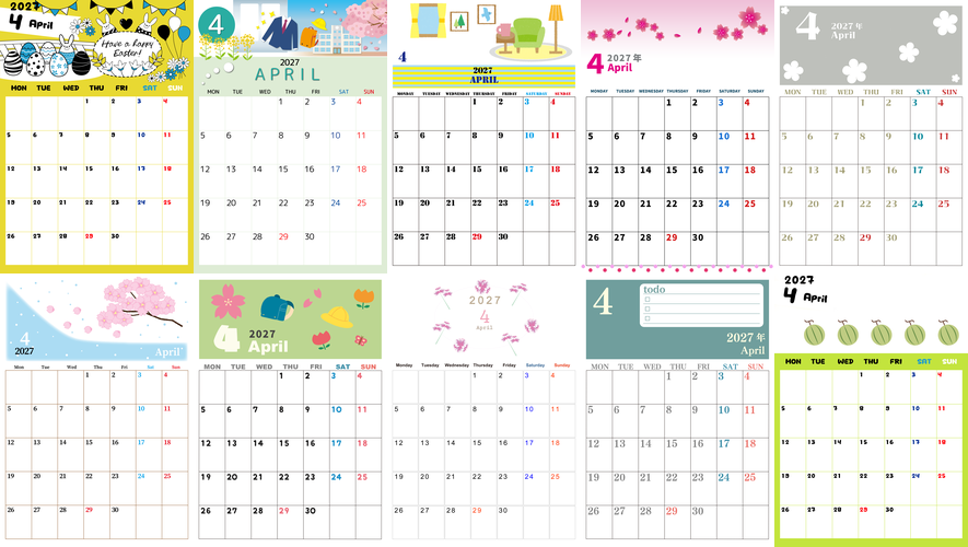 無料カレンダー2027年4月まとめ（A4サイズ）おしゃれ素材で新年度を快適スタート