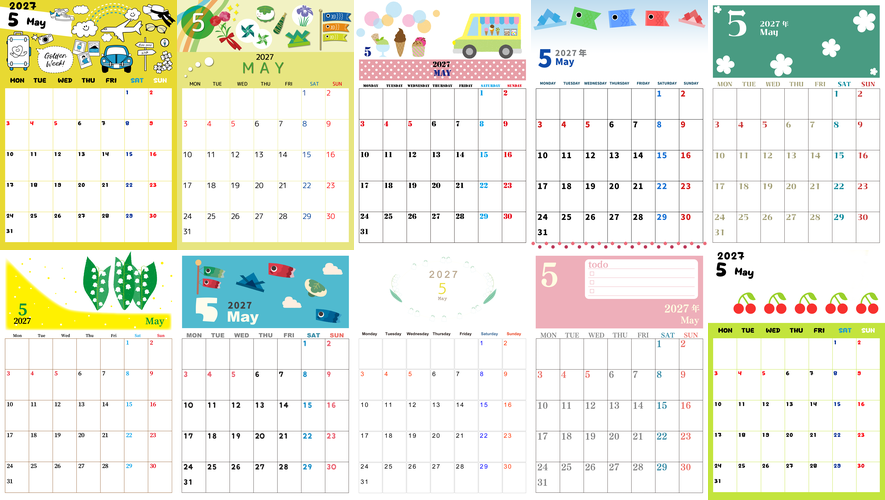 2027年無料カレンダー5月まとめ♪数字が大きい使いやすいA4シンプルかわいい素材