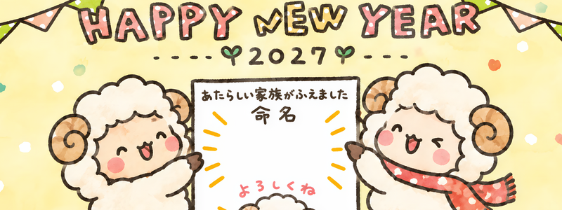 かわいい赤ちゃん出産報告が出来る2027年未年年賀状の無料テンプレート