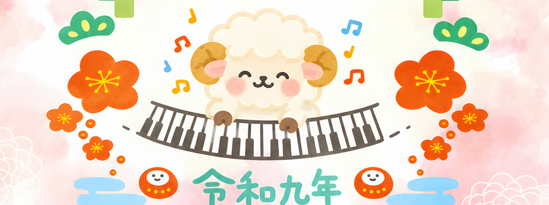 和風な年賀状テンプレートは無料！2027年の干支は羊！ピアノを弾く未が可愛い！