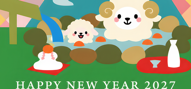 温泉に浸かる可愛い和風の羊！2027年（年賀状）干支の未のイラスト無料テンプレート