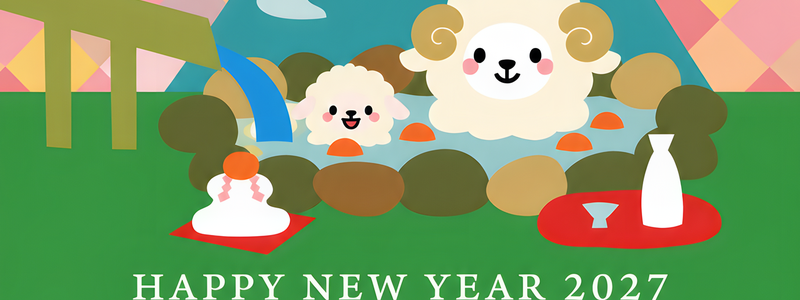 温泉に浸かる可愛い和風の羊！2027年（年賀状）干支の未のイラスト無料テンプレート