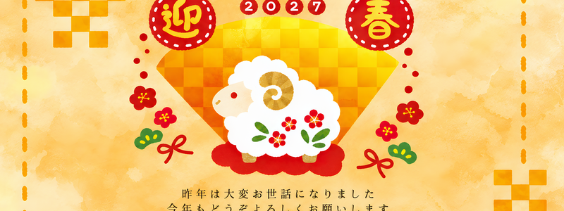 和風の水彩画をあしらった2027年の無料イラスト入り年賀状で新年のご挨拶