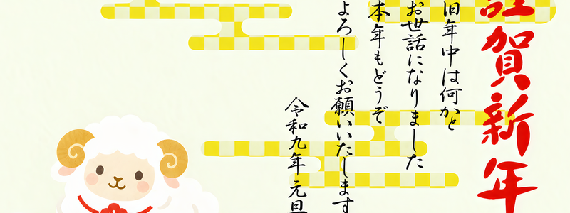 座布団にちょこんと座る羊が和風で可愛いイラストのテンプレートで2027年年賀状はコレ！