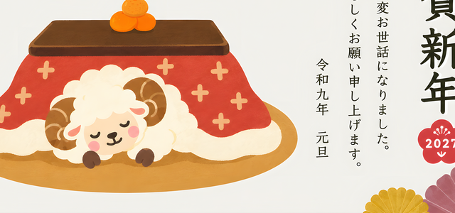 令和9年の年賀状！無料テンプレート！謹賀新年が見やすい和風でレトロなイラスト！