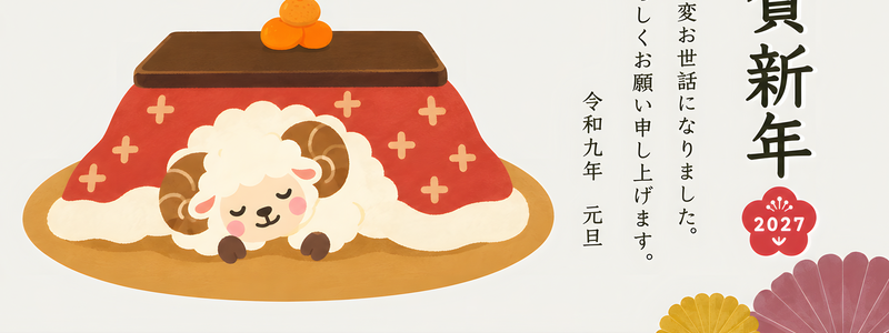 令和9年の年賀状！無料テンプレート！謹賀新年が見やすい和風でレトロなイラスト！