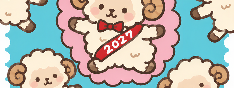 「無料」2027年に使える年賀状のテンプレート！干支の羊が背景になっているレトロ可愛いイラスト！
