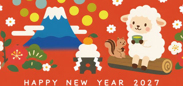 富士山がおしゃれな年賀状テンプレートは2027年に使える干支の羊イラスト付