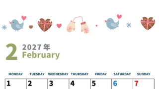 2027年2月カレンダーは縦型月曜始まりで季節イベントのポップな挿絵がキュート♪フリーA4素材♪ 【No.20271150010211】