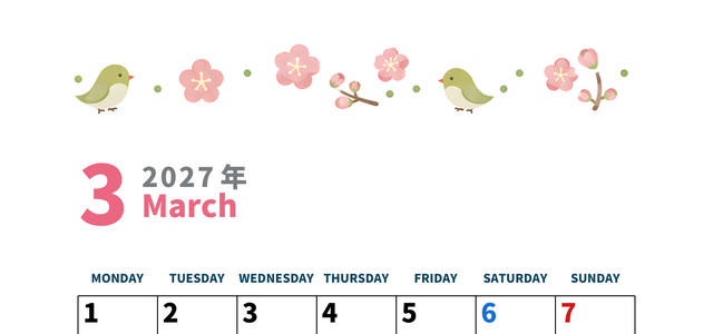 2027年3月カレンダーは縦型月曜始まりで季節イベントのポップな挿絵がキュート♪フリーA4素材♪ 【No.20271150010311】