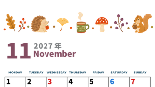2027年11月カレンダーは縦型月曜始まりで季節イベントのポップな挿絵がキュート♪フリーA4素材♪ 【No.20271150011111】