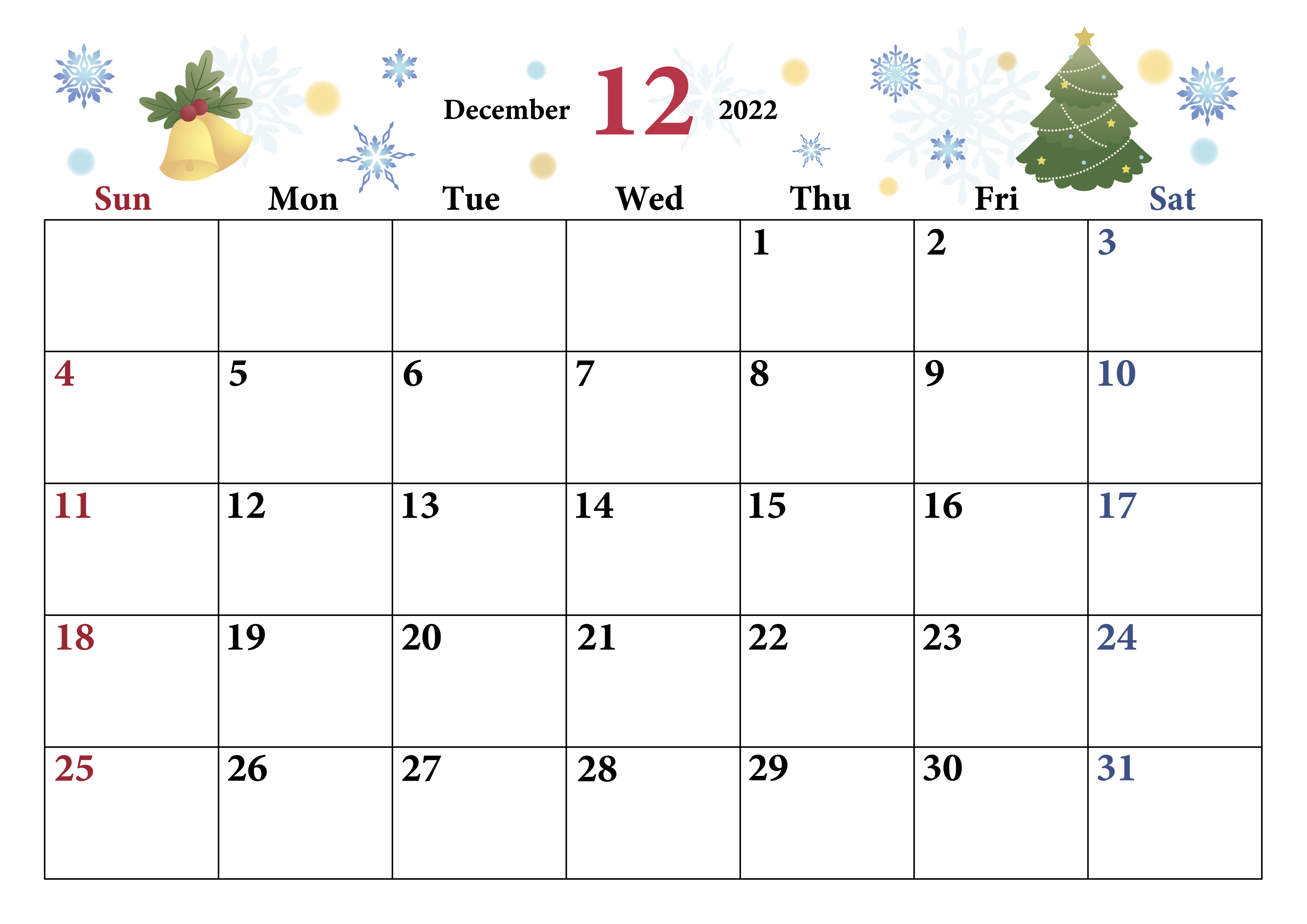 ベルがキュートな22年12月横書きカレンダーは無料でダウンロードが可能 素材デザイン王
