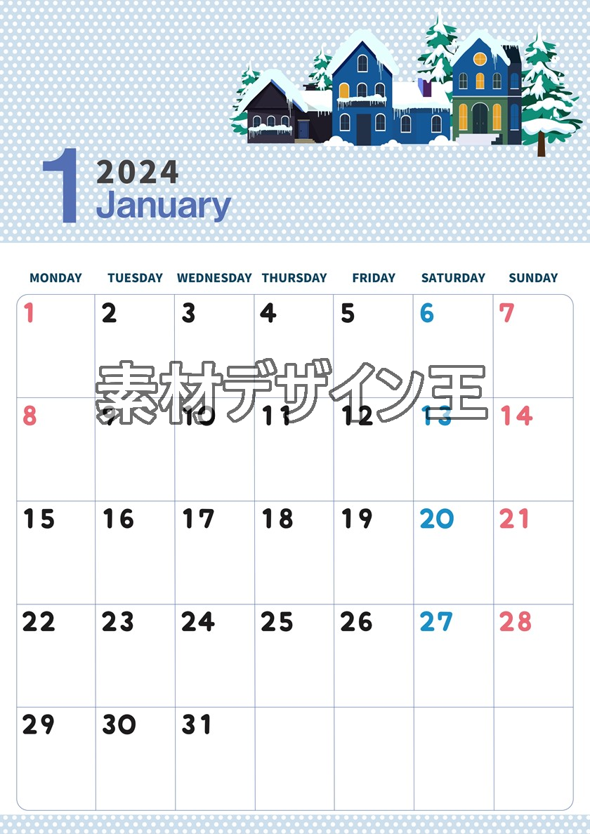 2024年1月縦型の月曜始まり 雪とドットのイラストおしゃれカレンダー