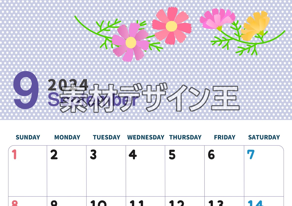 2024年9月縦型の日曜始まり コスモスがおしゃれなイラストカレンダー