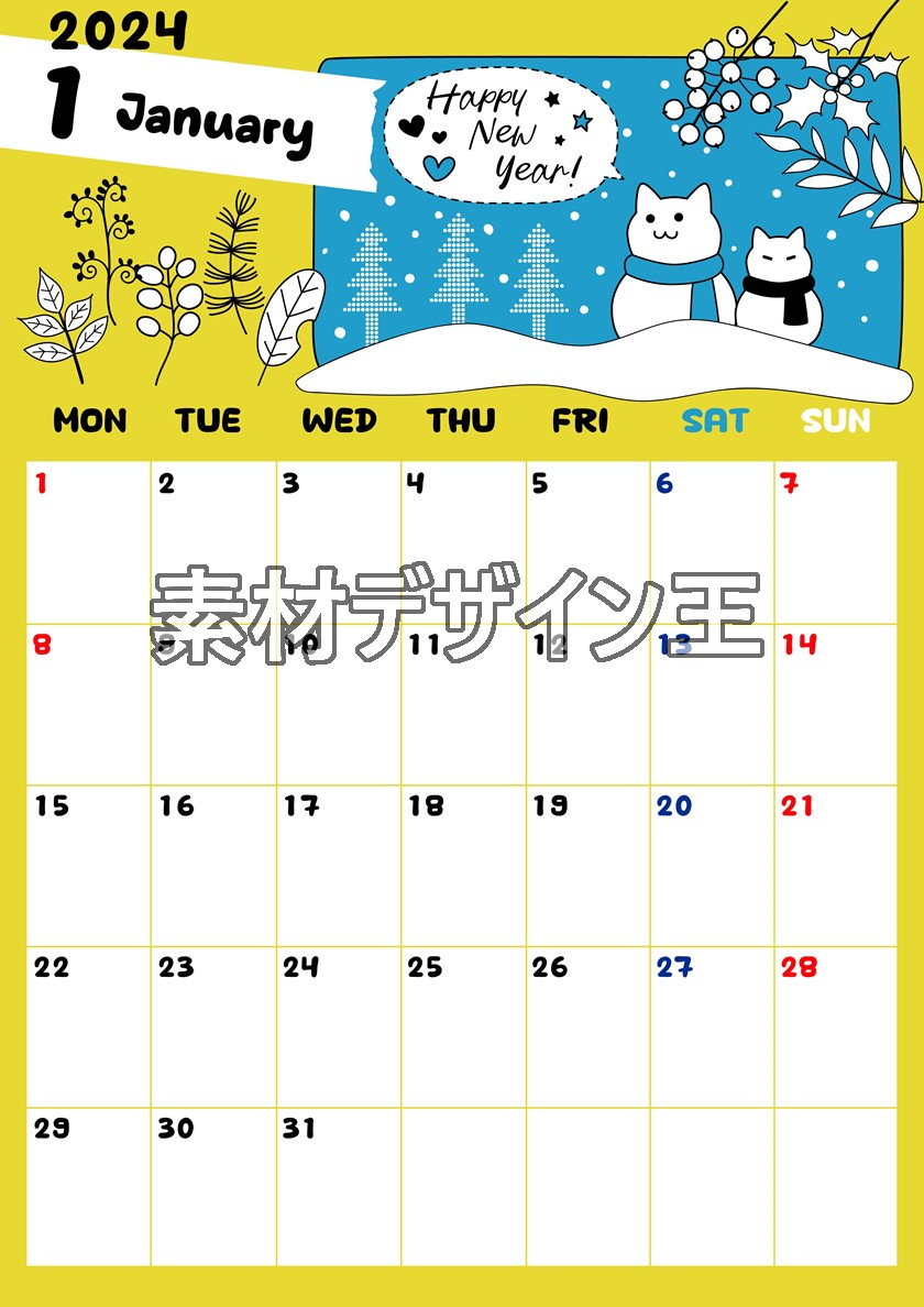 2024年1月縦型の月曜始まり ポップな雪イラストのかわいいカレンダー