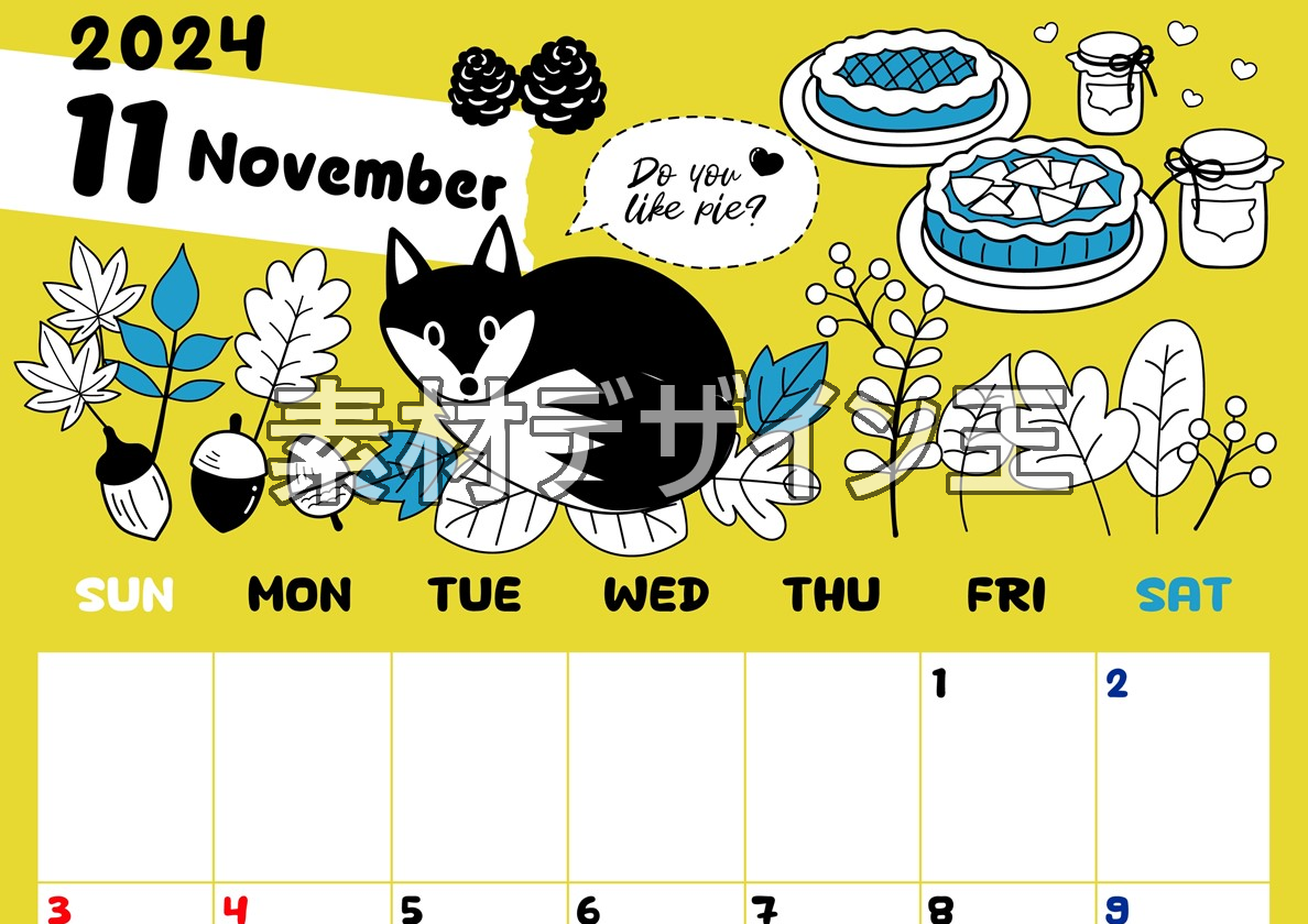2024年11月縦型の日曜始まり アップルパイのイラストがかわいいA4無料カレンダー