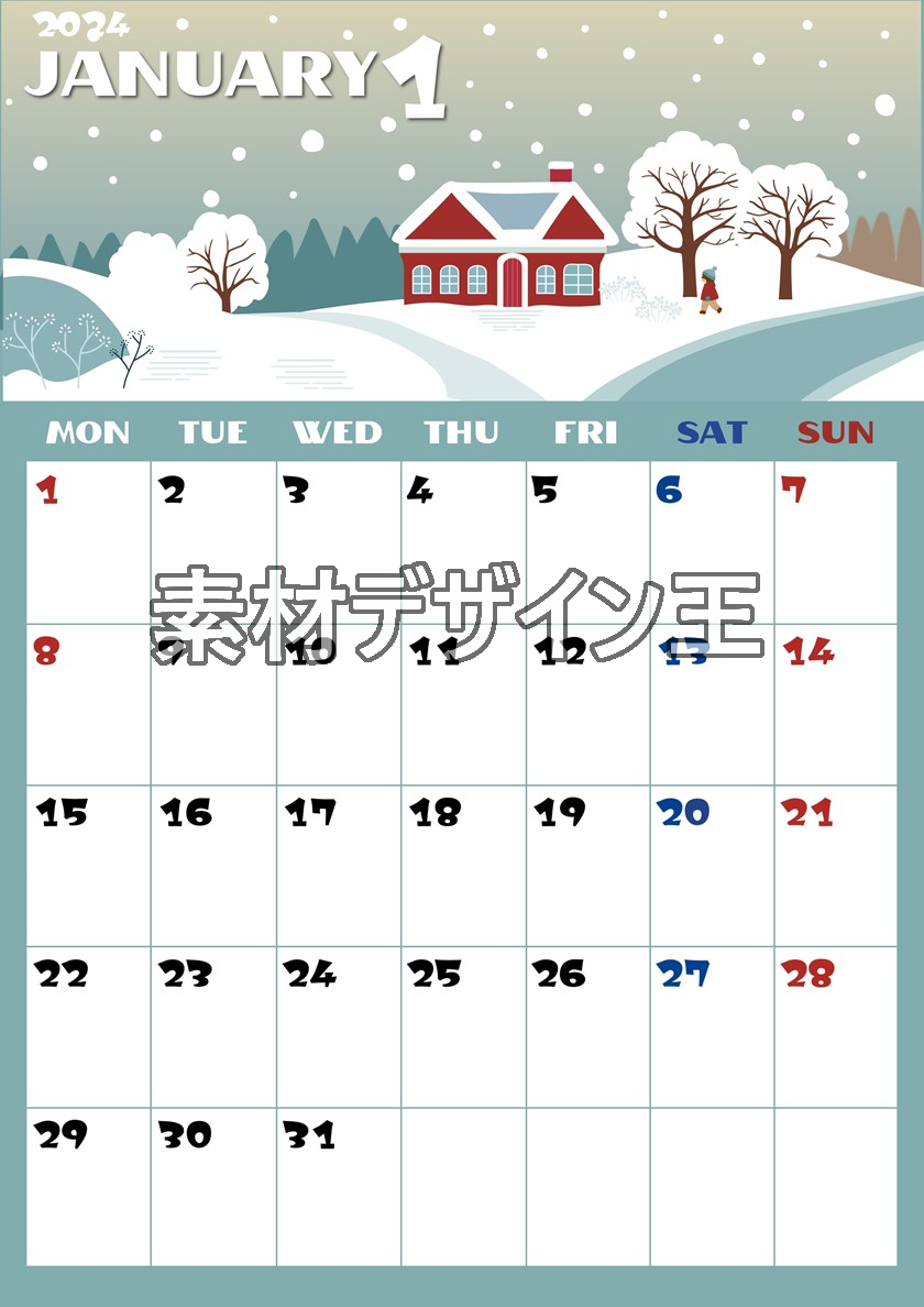 2024年1月縦型の月曜始まり 北欧デザインイラストのかわいいカレンダー
