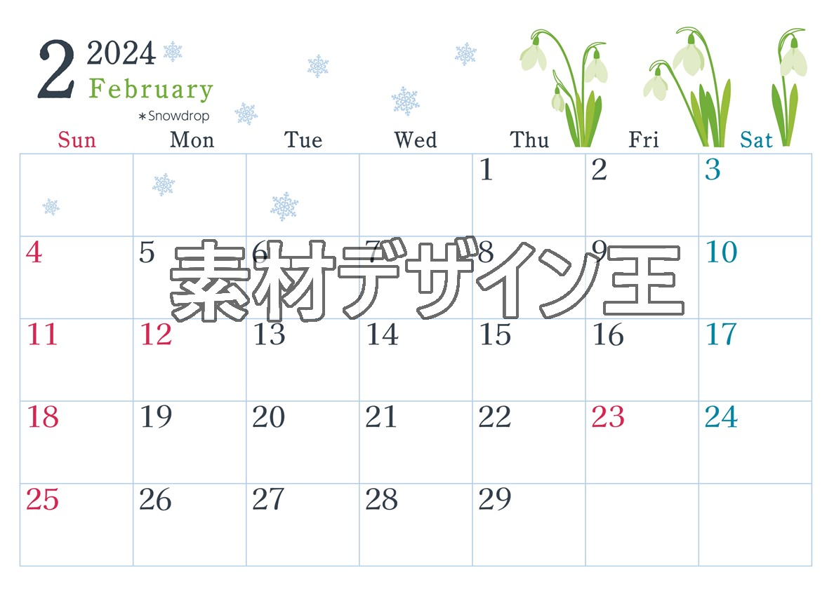 2024年2月横型の日曜始まり 白い花がかわいいイラストカレンダー