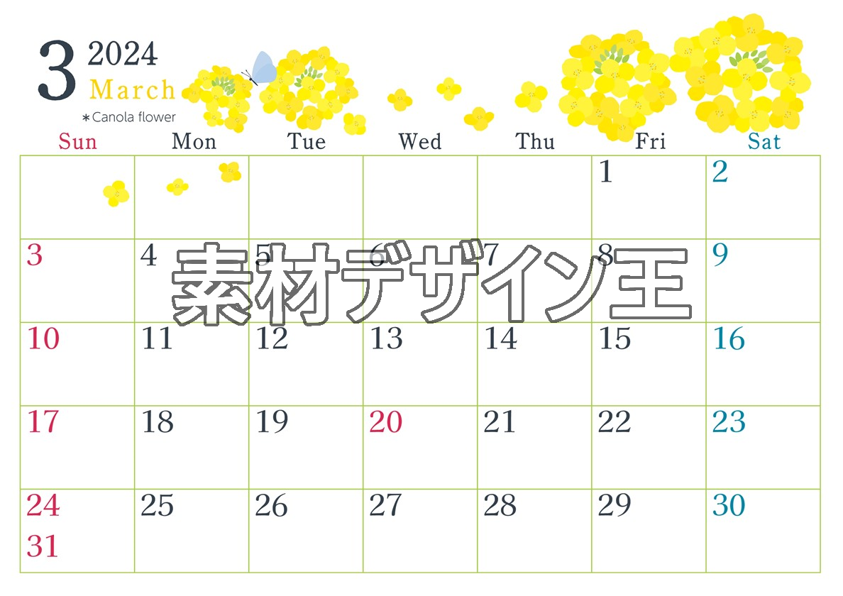 2024年3月横型の日曜始まり 菜の花イラストのかわいいカレンダー