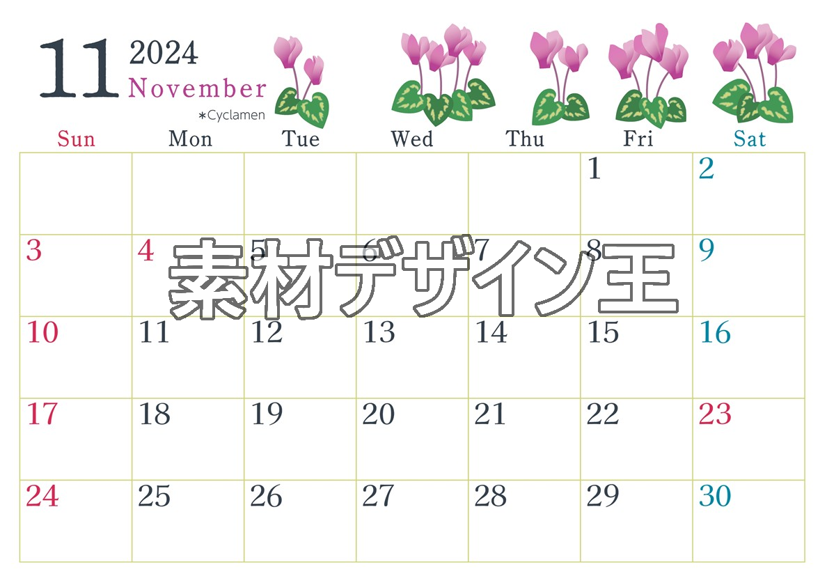 2024年11月横型の日曜始まり シクラメンがかわいいイラストA4無料カレンダー