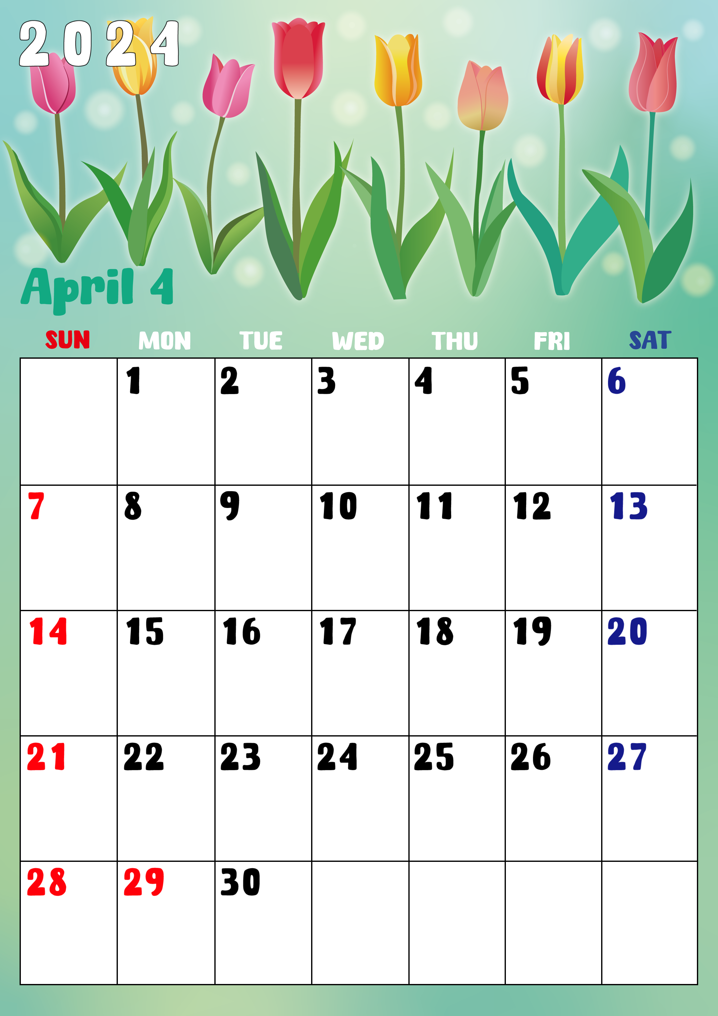 2024年4月縦型の日曜始まり チューリップイラストのかわいいA4無料カレンダー｜素材デザイン王