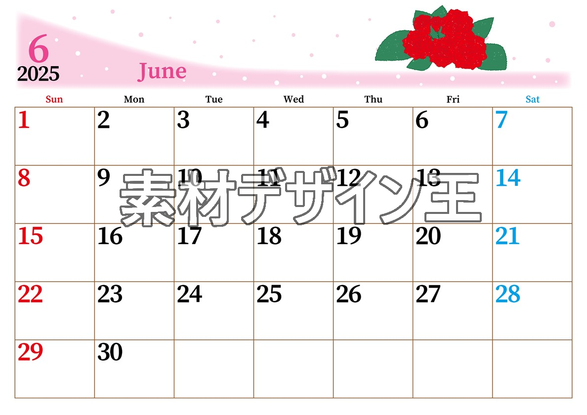 2025年6月横型の日曜始まり 薔薇イラストのおしゃれA4無料カレンダー