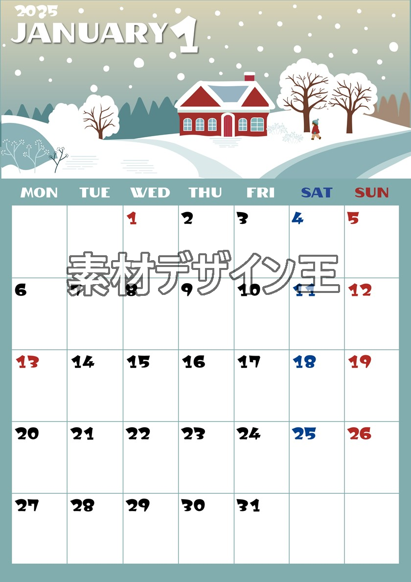 0014-2025年1月カレンダー 縦型・月曜始まり