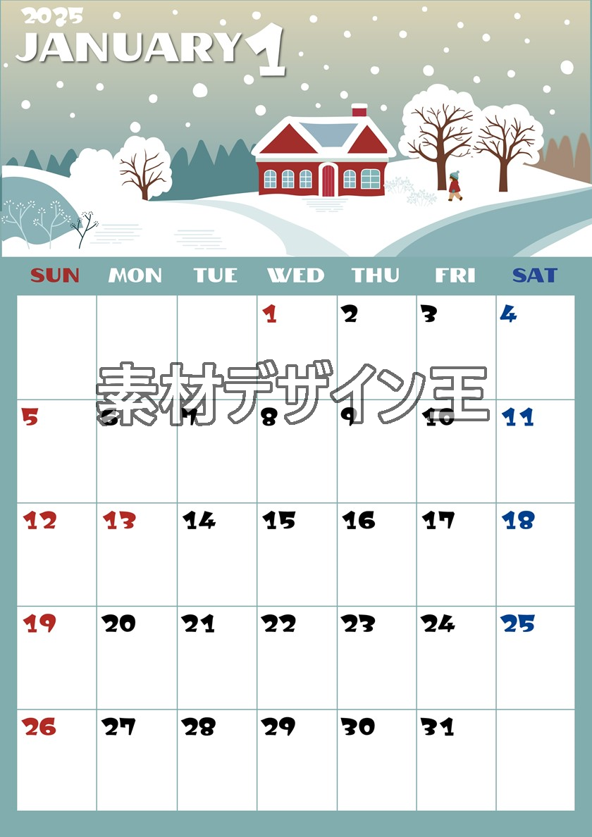 0014-2025年1月カレンダー 縦型・日曜始まり